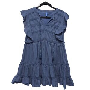 Weekend Navy Blue Cotton Tiered Mini Dress Flutter Sleeve Lace Tassels Small